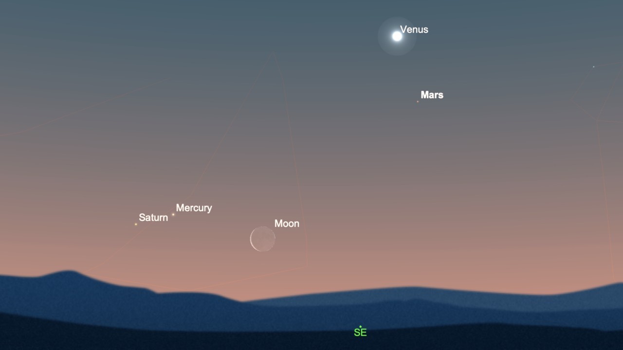 The moon meets up with Mercury and Saturn early Monday morning