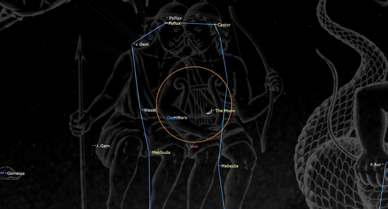 Look up and find Mars beside the thin crescent moon tonight