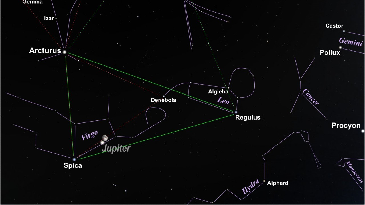 See the stars of the Spring Triangle reach high in the sky this month