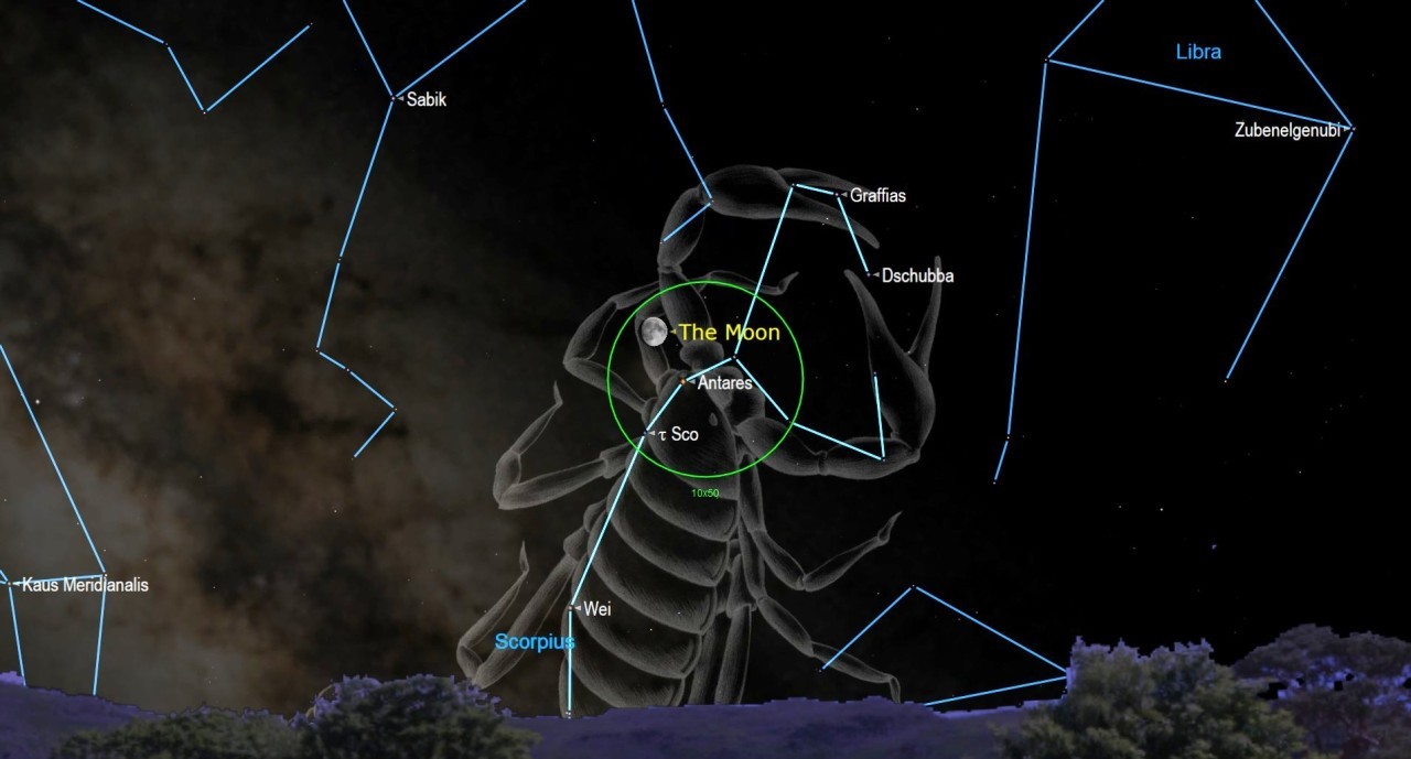 Catch the moon shining next to the blood-red star Antares on Sunday