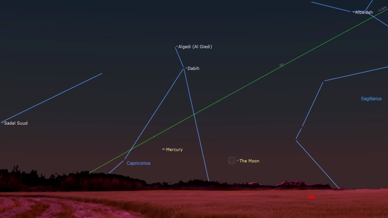 The crescent moon meets up with Mercury tomorrow morning (Feb. 18)