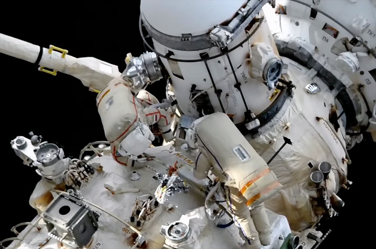 Russian cosmonauts relocate airlock on International Space Station spacewalk