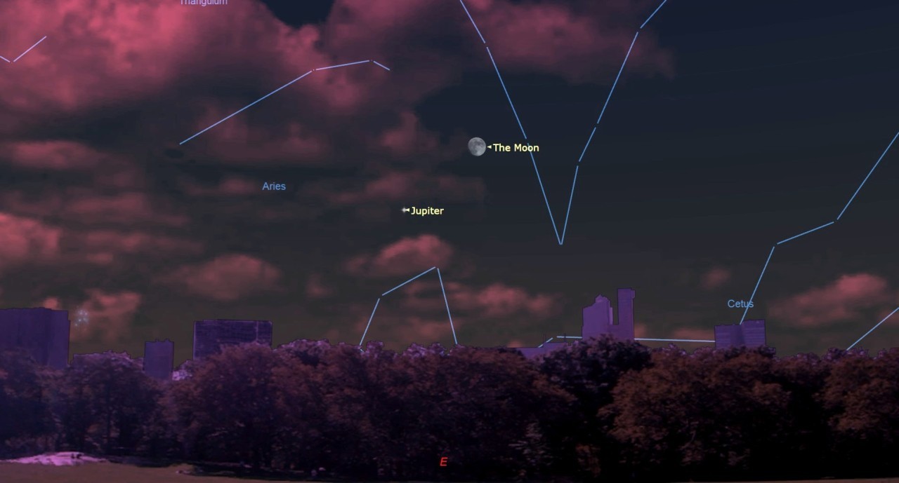 See the nearly full moon and Jupiter shine bright together tonight